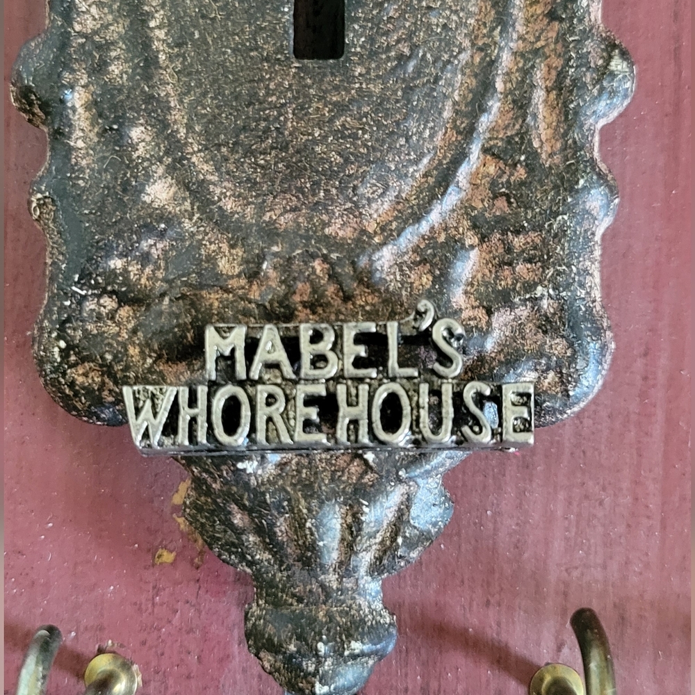 Vtg western pewter Mabels Whorehouse adult theme graphic lapel pin brooch